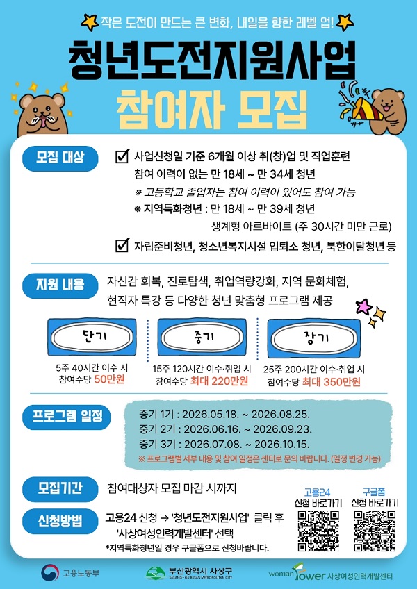 사상여성인력개발센터 2026년 청년도전지원사업 참여자 모집(중기)